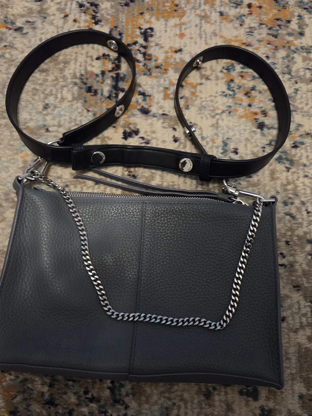 AllSaints Slate Gray Leather Crossbody with Chain Accent